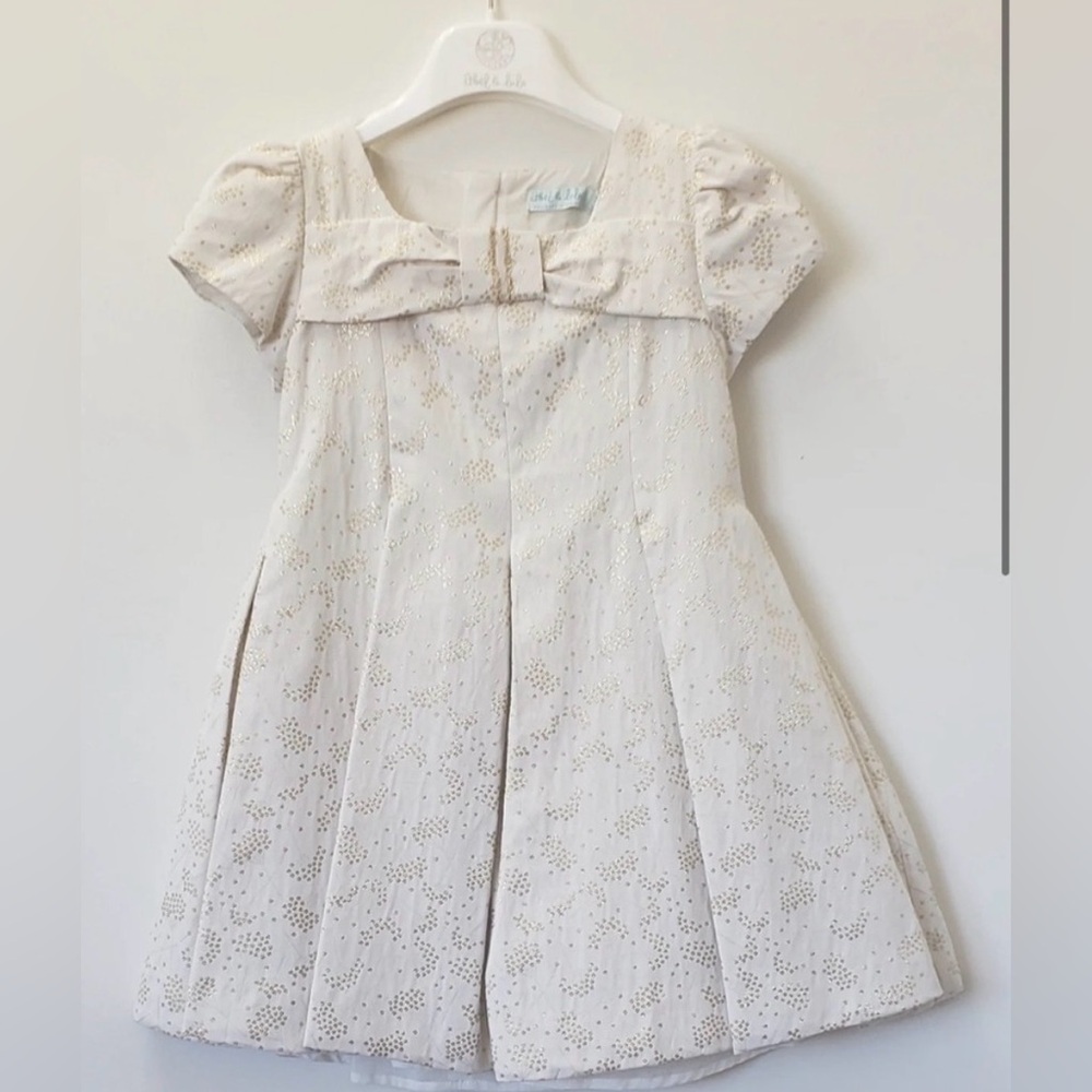 Abel & Lula Girls 6 Metallic Gold Cream Formal Lined Bow Dress